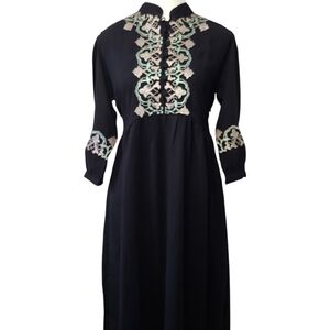 Ask Me Black Embroidered Mandarin Collar 3/4 Sleeve Maxi Vintage Dress